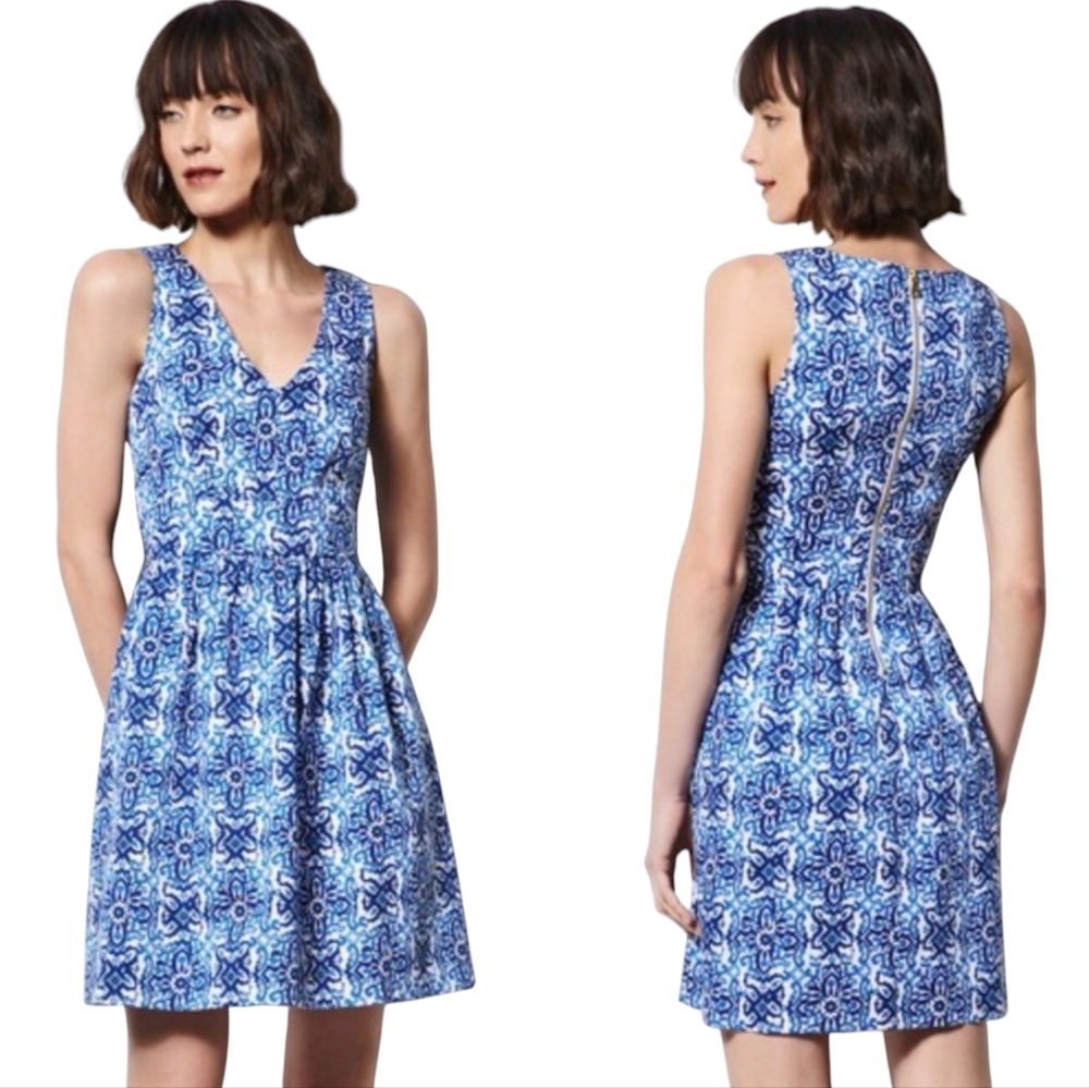 Milly Mini Dress Fit & Flare Mediterranean Floral Tile Print Banvin Blue Combo 8
